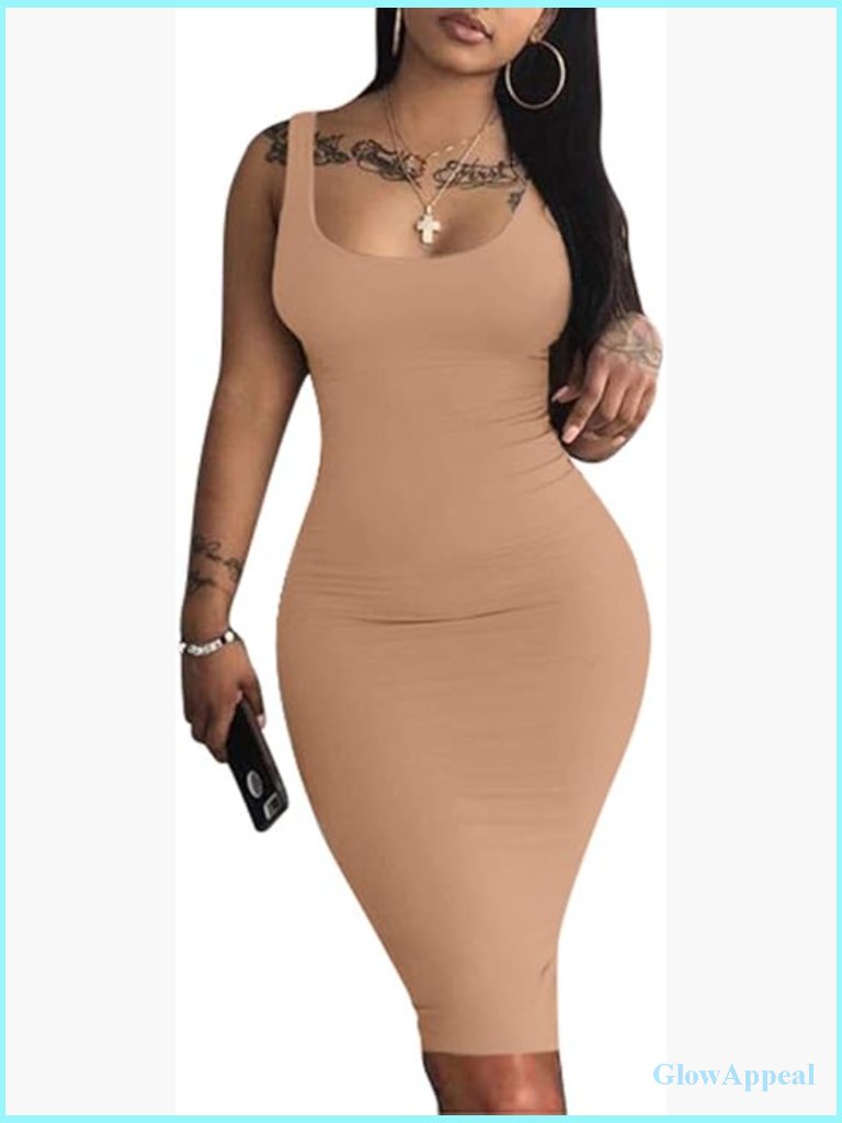 Sleeveless Tank Bodycon Midi Dress Stretchy Comfort Fit Scoop Neck Racerback